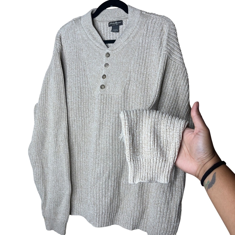 Eddie Bauer Mens XXL Beige Marled Cotton Heavy Chunky Knit Shawl Henley Sweater